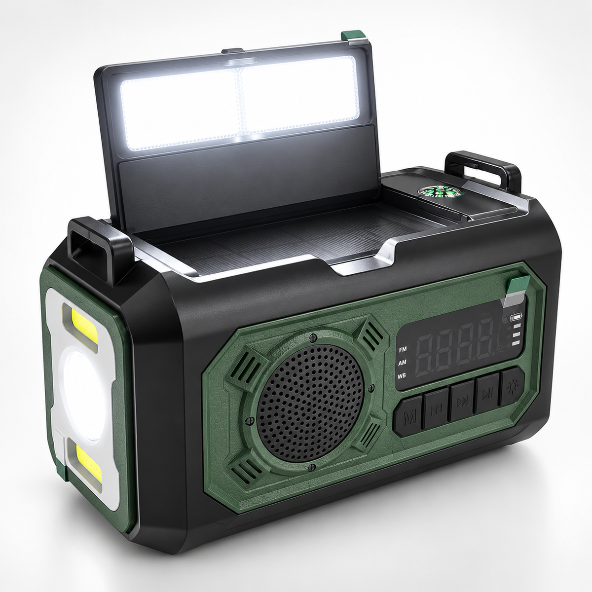 Noodradio met opengeklapte leeslamp en zijlicht