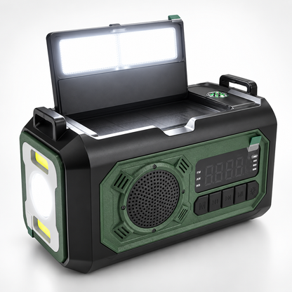 Noodradio met opengeklapte leeslamp en zijlicht