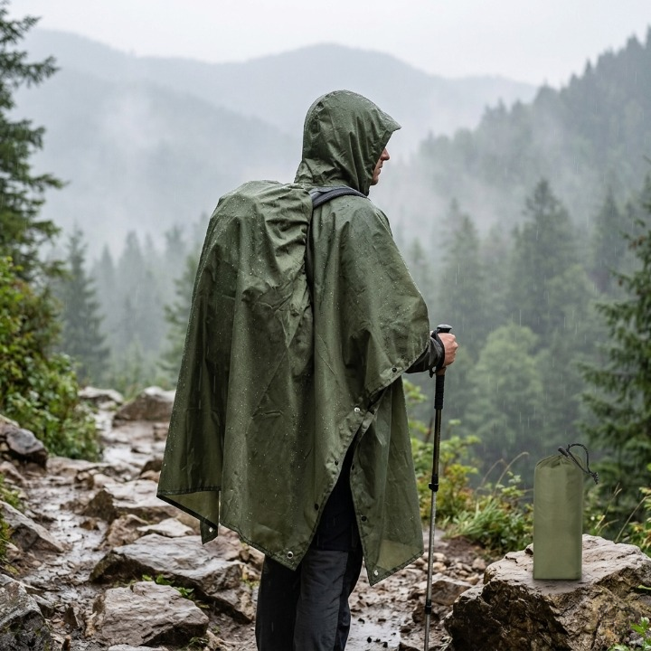 Regenponcho waterdicht met capuchon, inzetbaar als tarp