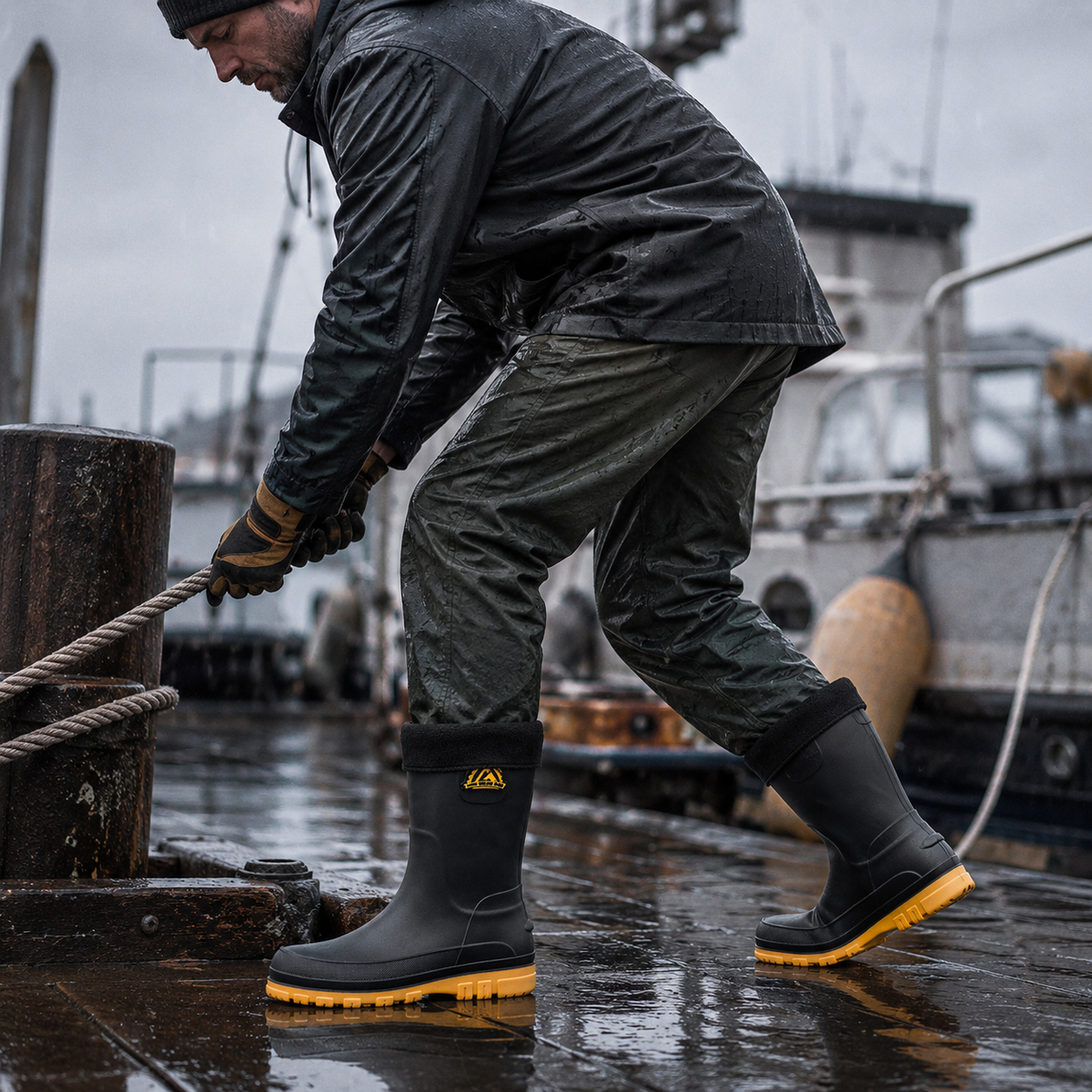 Gevoerde regenlaarzen heren op een natte kade