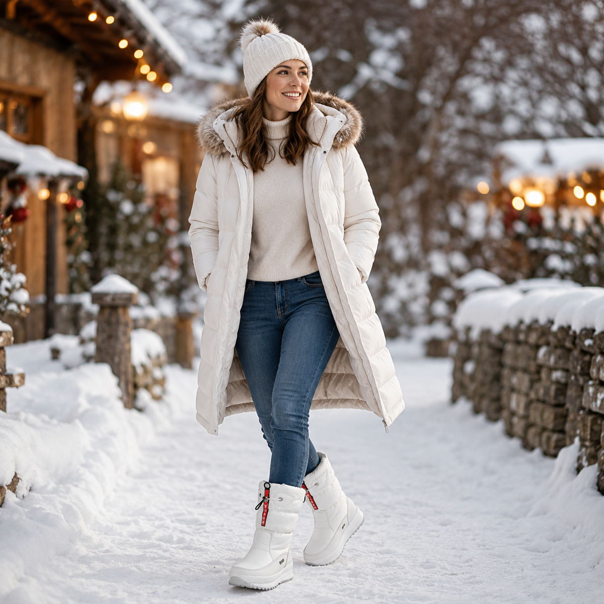 Snowboots dames gevoerd in wit gedragen bij een lange lichte jas in de sneeuw