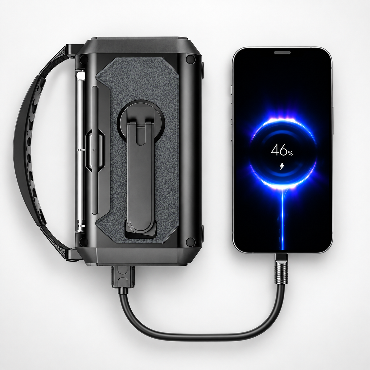 Noodradio laadt een smartphone op via USB-kabel