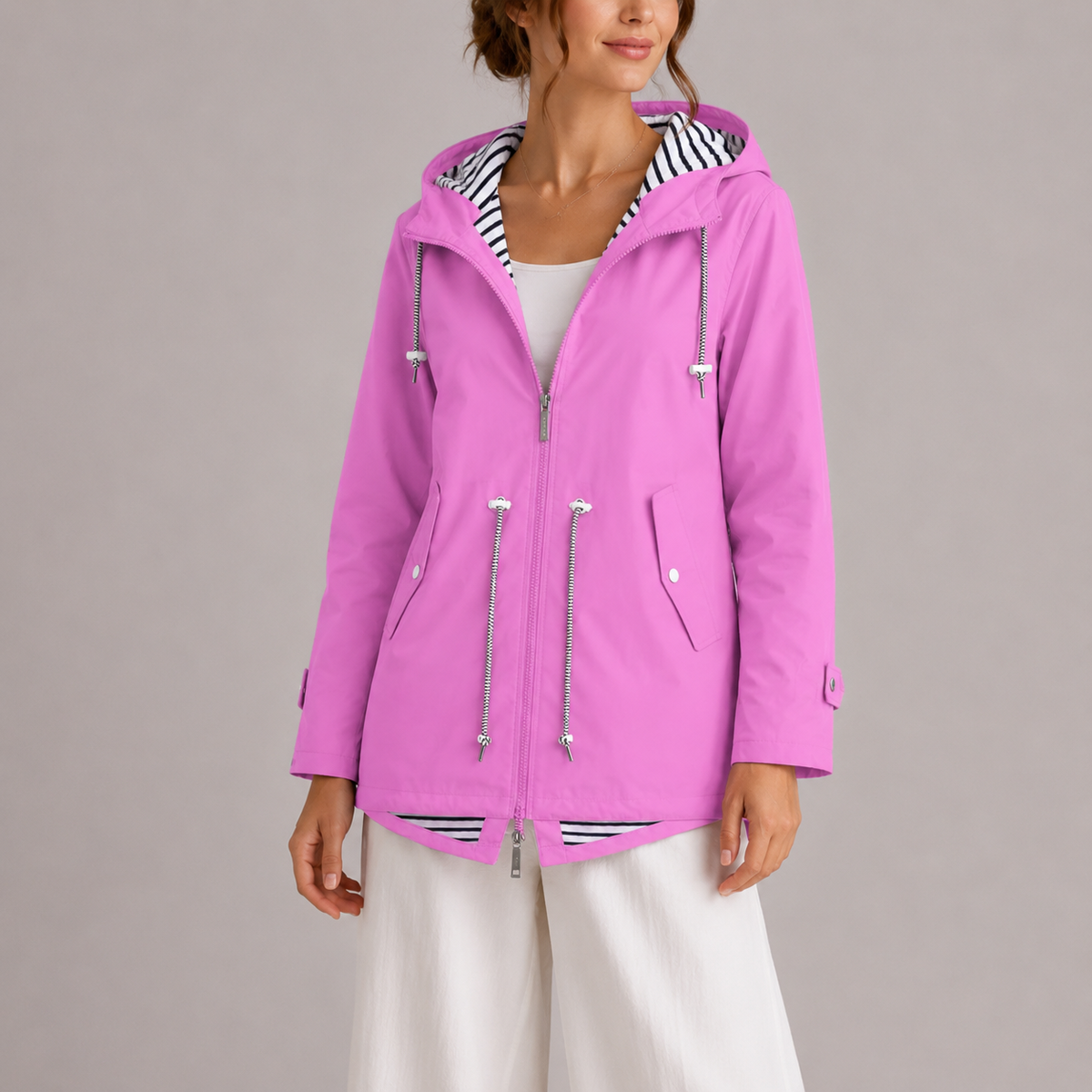 Regenjas voor dames met capuchon en gestreepte voering
