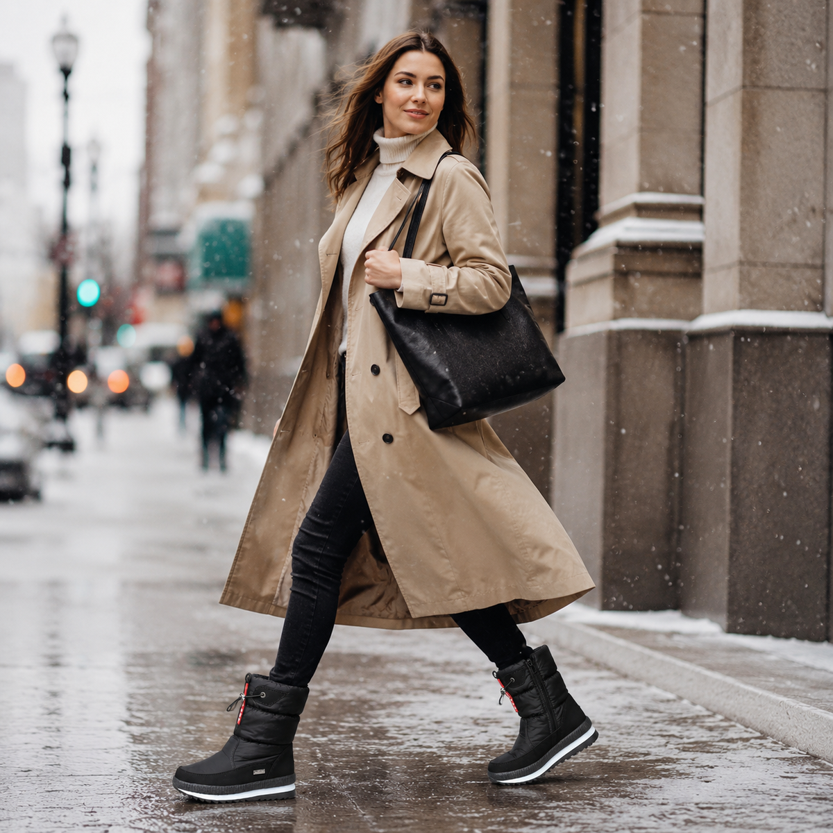 Snowboots dames gevoerd in zwart gedragen bij een trenchcoat in de stad