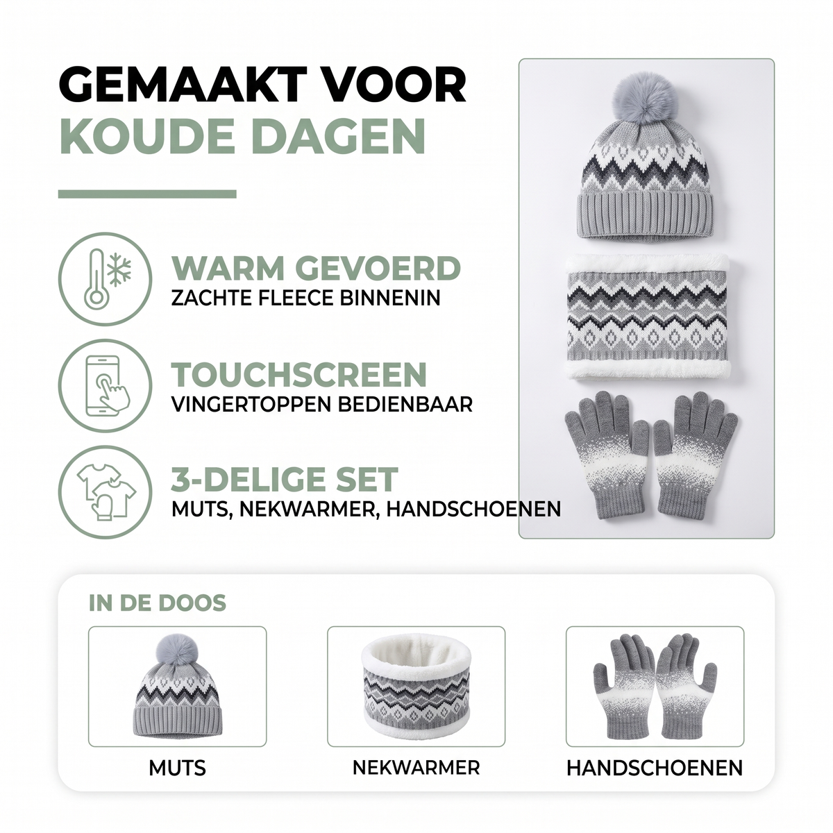 3-delige winterset dames: warm gevoerd, touchscreen, muts nekwarmer en handschoenen in de doos
