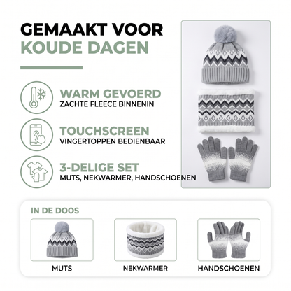 3-delige winterset dames: warm gevoerd, touchscreen, muts nekwarmer en handschoenen in de doos