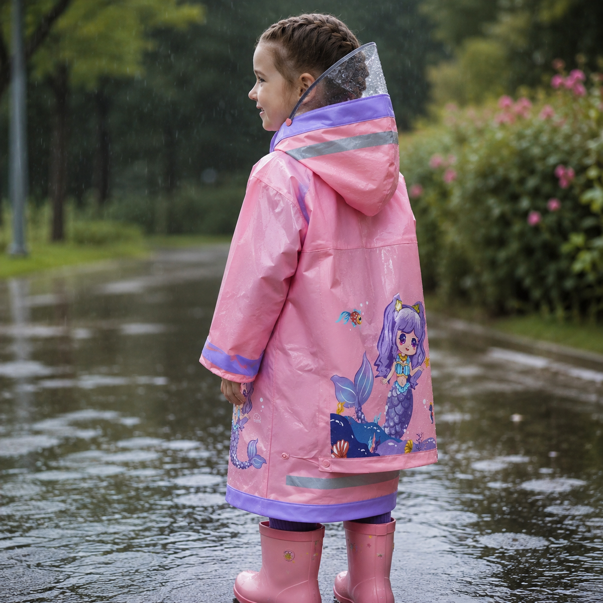 Regenjas Meisje - Roze met Print - Grote Kap met Schild