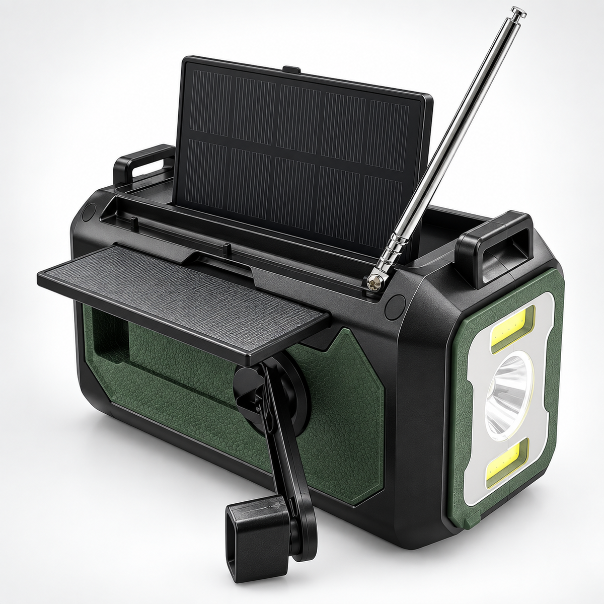 Noodradio met opengeklapt zonnepaneel, antenne en slinger