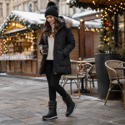 Snowboots dames gevoerd in zwart gedragen op de kerstmarkt