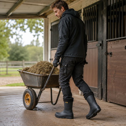 Gevoerde regenlaarzen bij stalwerk met kruiwagen