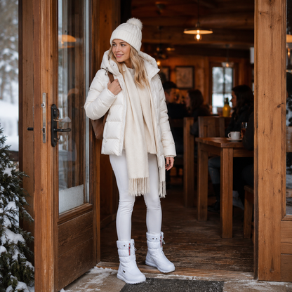 Snowboots dames gevoerd in wit gedragen bij een witte broek en donsjas