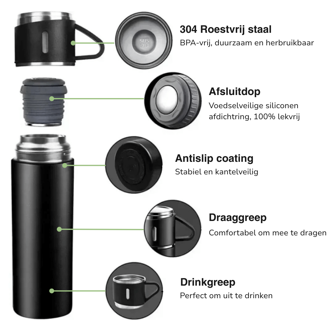 Roestvrijstalen Thermosfles 500ml – Vacuüm geïsoleerd – Met 2 extra bekers
