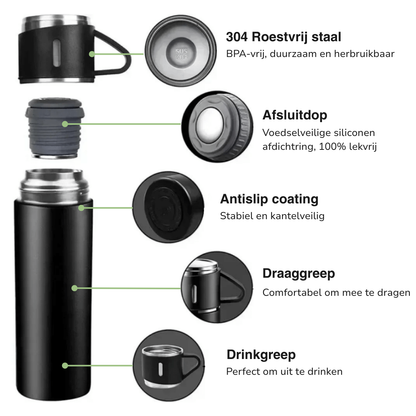 Roestvrijstalen Thermosfles 500ml – Vacuüm geïsoleerd – Met 2 extra bekers