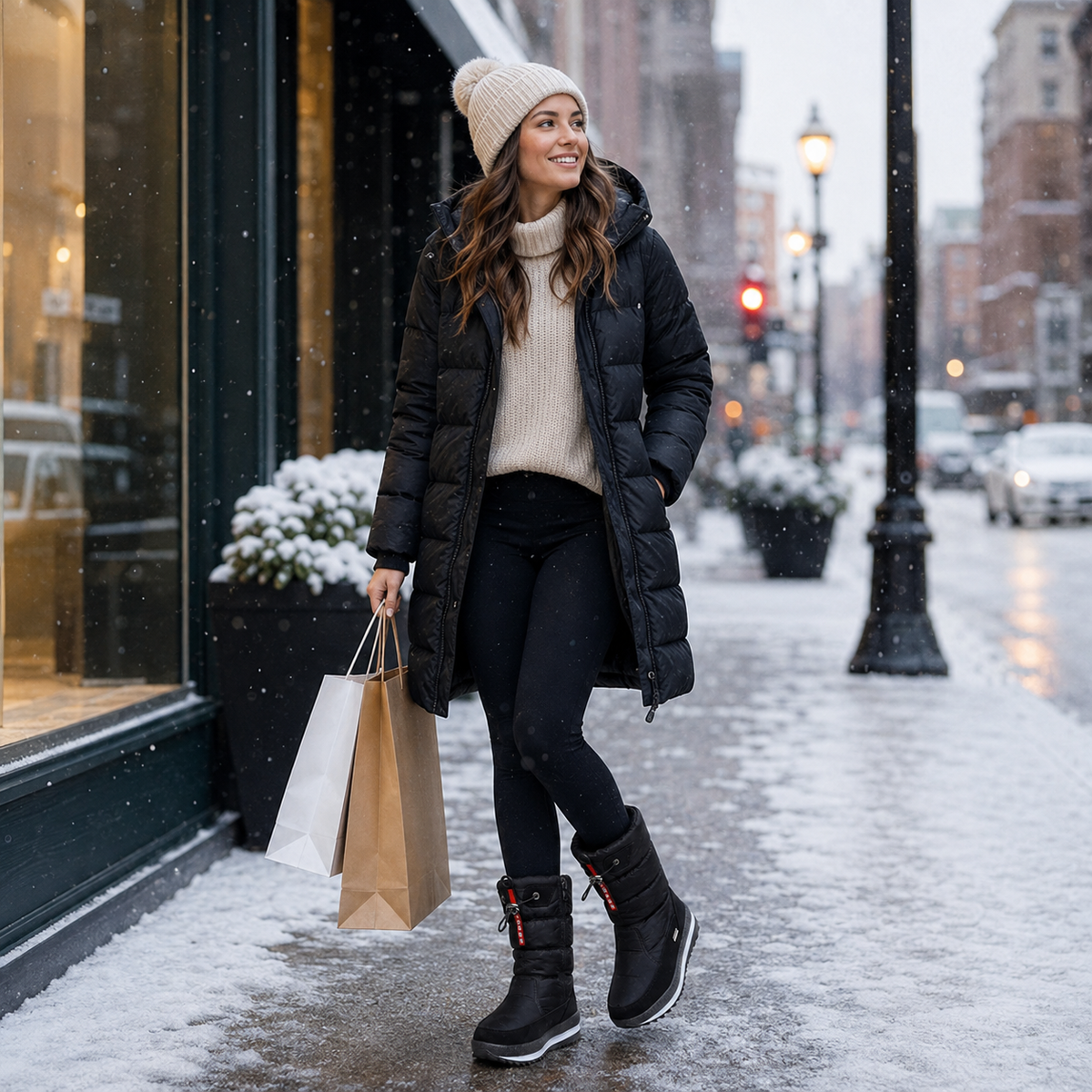 Snowboots dames gevoerd in zwart gedragen tijdens het winkelen in de sneeuw
