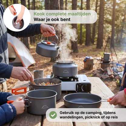 Camping Kookset – Complete 9-Delige Set – Pan, Waterketel & Koekenpan