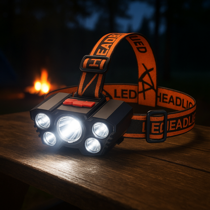 LED Hoofdlamp USB - 5 LEDs & 4 Lichtstanden met SOS - Spatwaterdicht