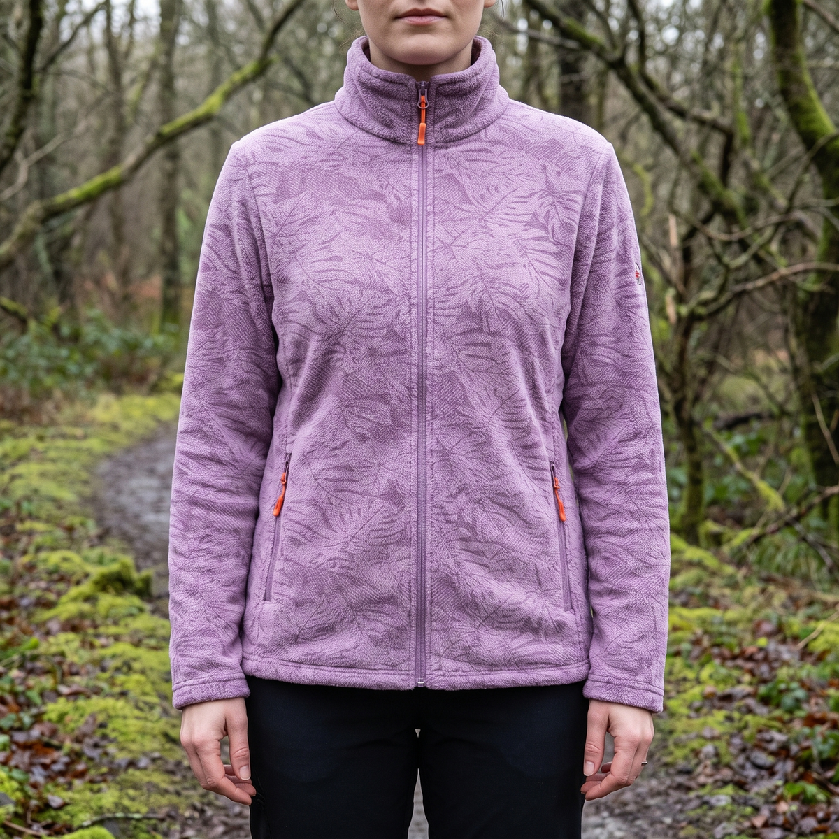 Dames fleece jas met opstaande kraag en bladprint