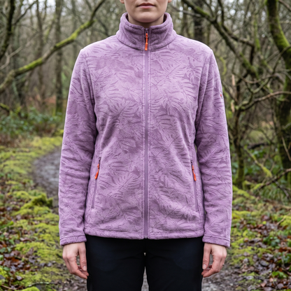 Dames fleece jas met opstaande kraag en bladprint