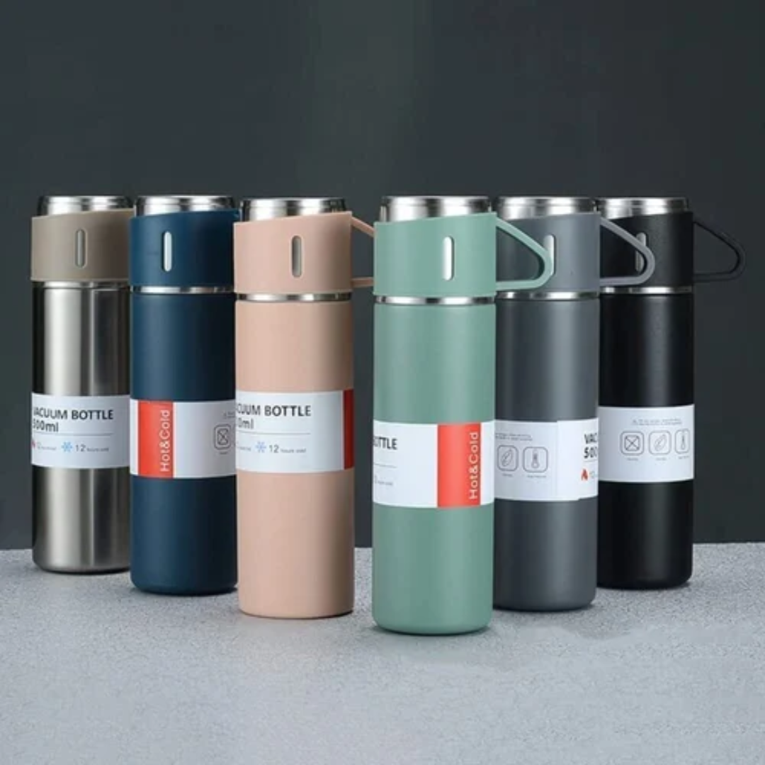 Roestvrijstalen Thermosfles 500ml – Vacuüm geïsoleerd – Met 2 extra bekers