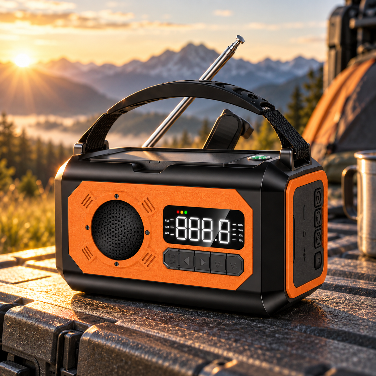 Noodradio in oranje bij zonsopkomst buiten
