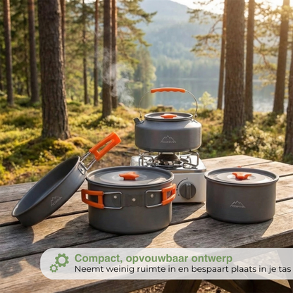 Camping Kookset – Complete 9-Delige Set – Pan, Waterketel & Koekenpan