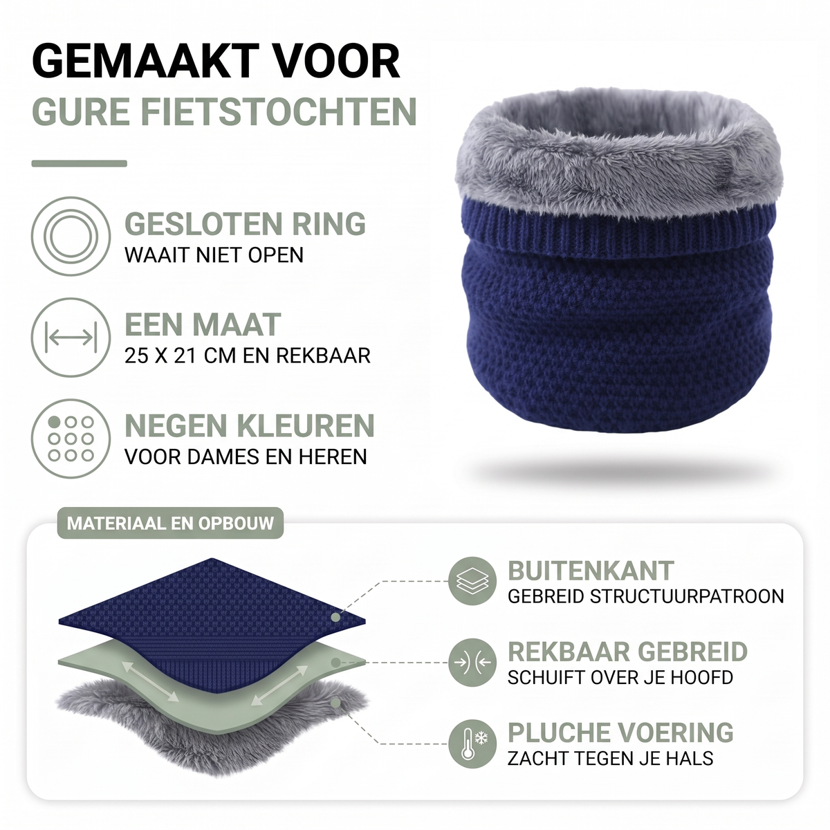 Nekwarmer met gebreide buitenkant en zachte pluche voering, 25 x 21 cm en rekbaar