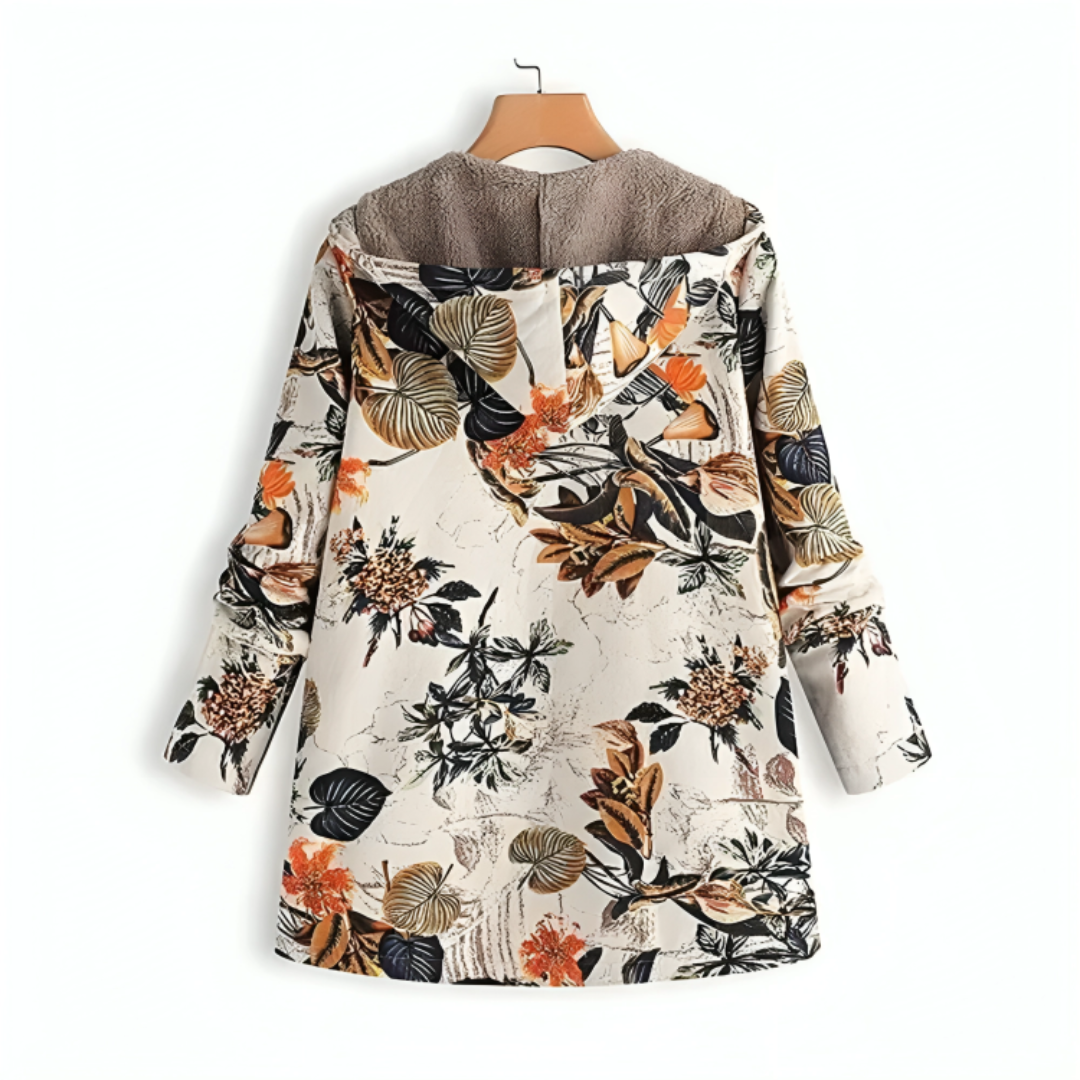 Lange winterjas dames met bloemenprint en capuchon