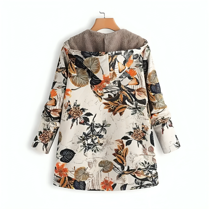 Lange winterjas dames met bloemenprint en capuchon