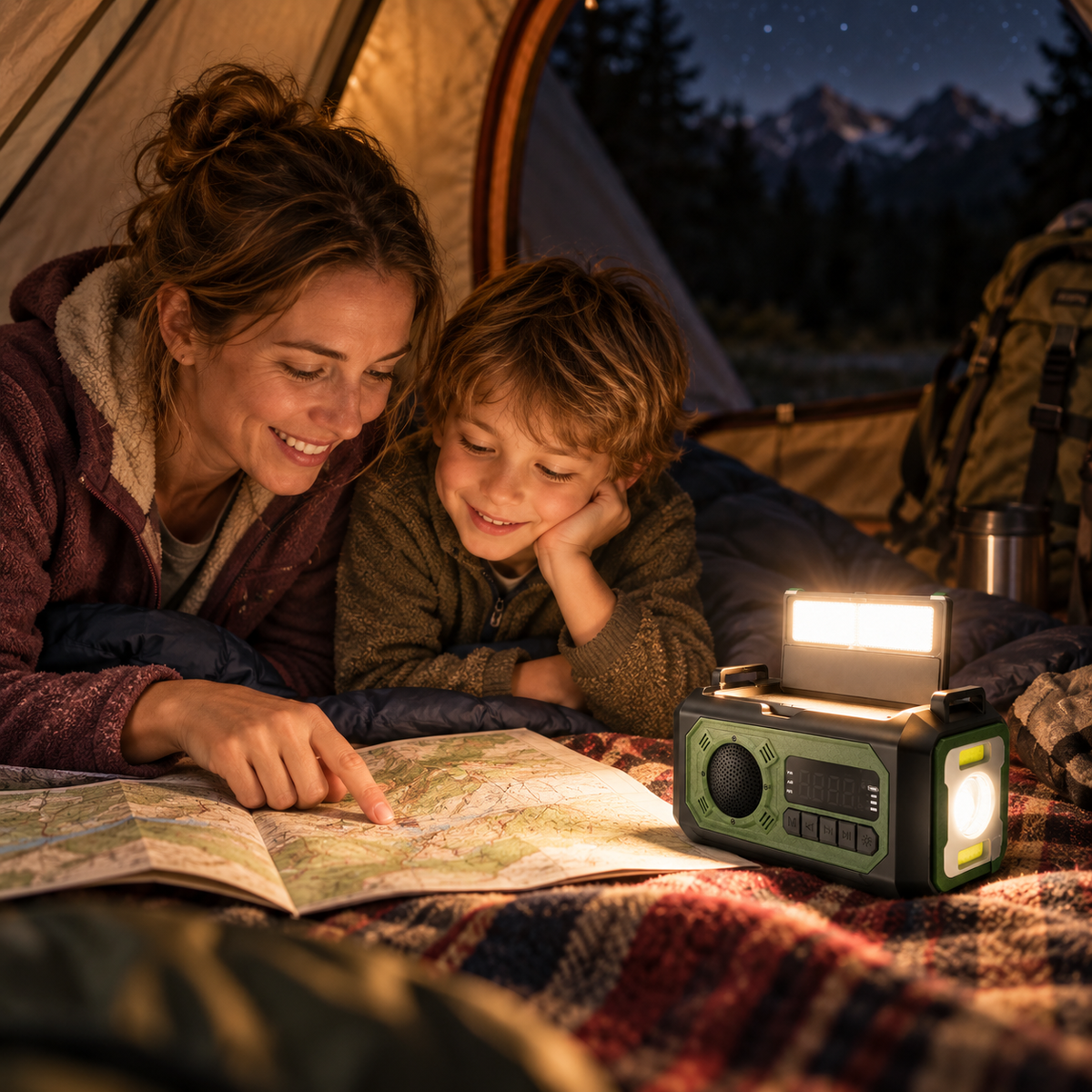 Noodradio leeslamp in de tent bij het kaartlezen