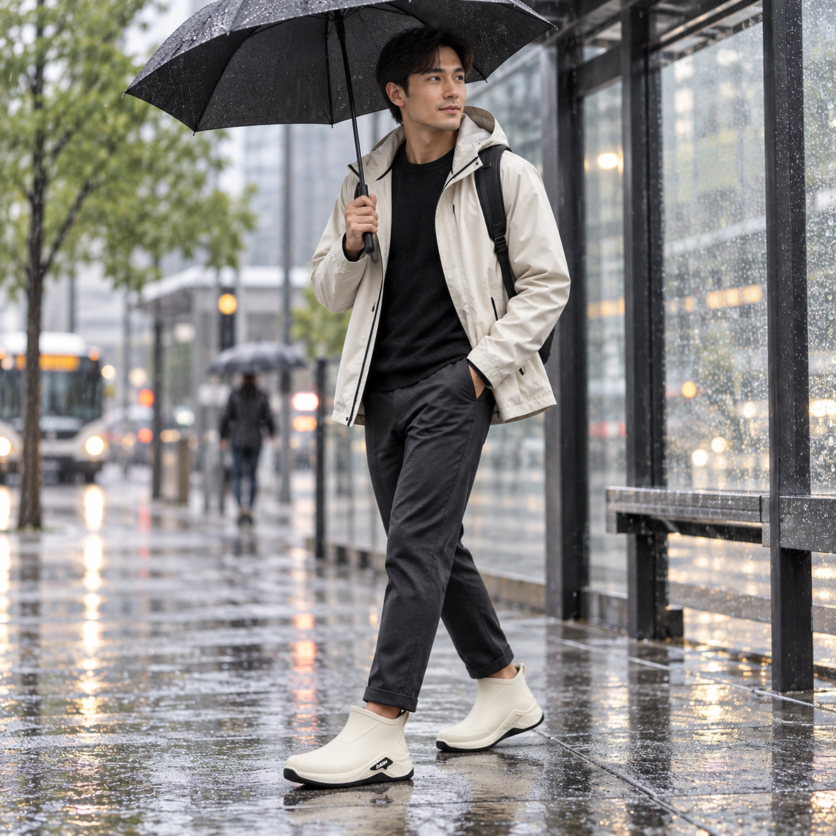 Korte regenlaarzen heren in beige gedragen met paraplu