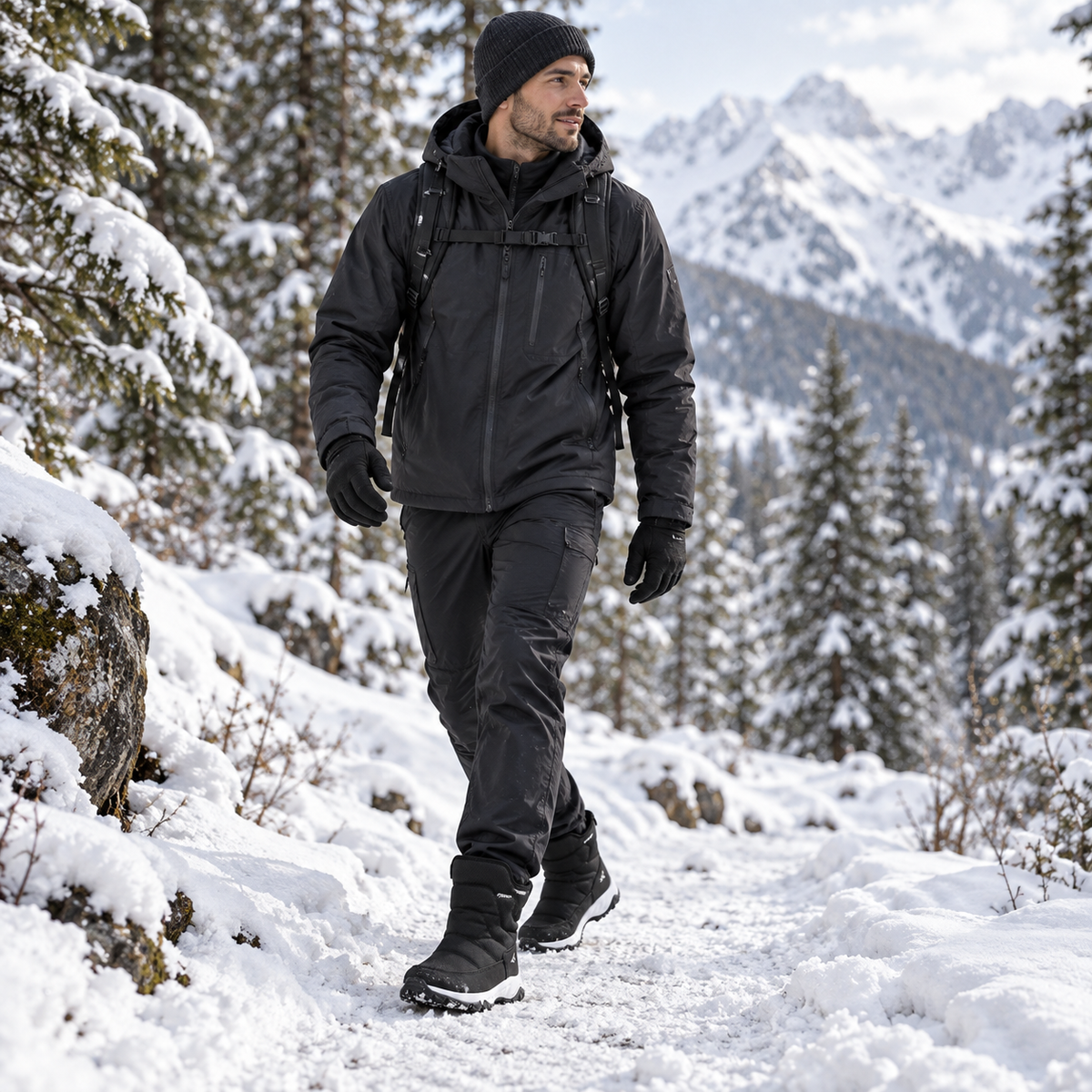 Winterlaarzen heren in zwart tijdens een winterwandeling