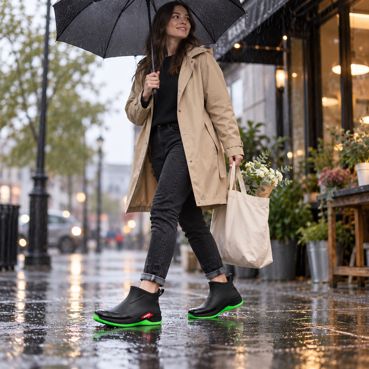Korte regenlaarzen heren in zwart-groen gedragen tijdens boodschappen in de regen