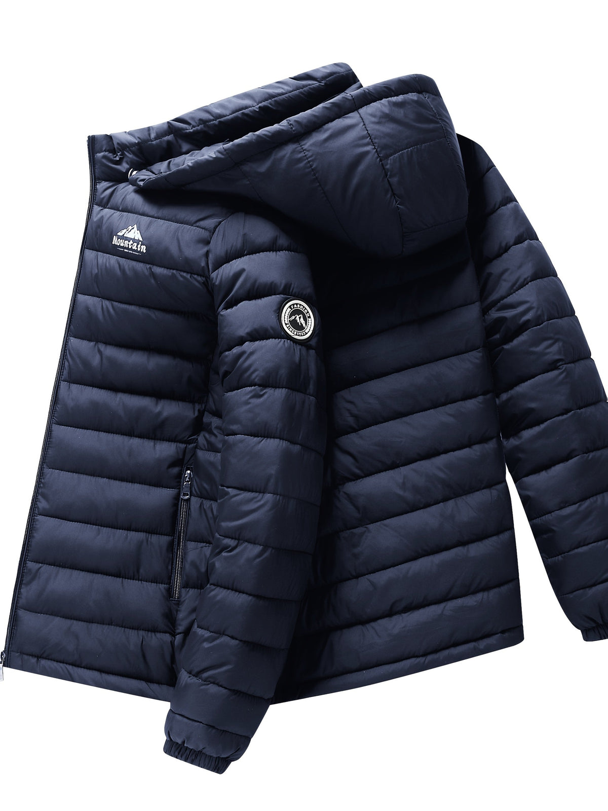 Heren winterjas met capuchon, gewatteerd in het zwart