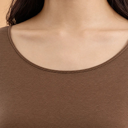 Thermo ondergoed dames – close-up van de ronde hals met fijne stiknaad