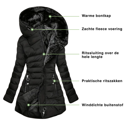 Dames Winterjas – Lange Warme Parka – met Bontvoering