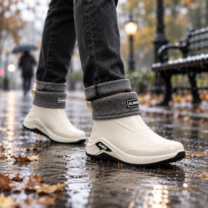 Korte regenlaarzen heren in beige gevoerd gedragen in de herfstregen