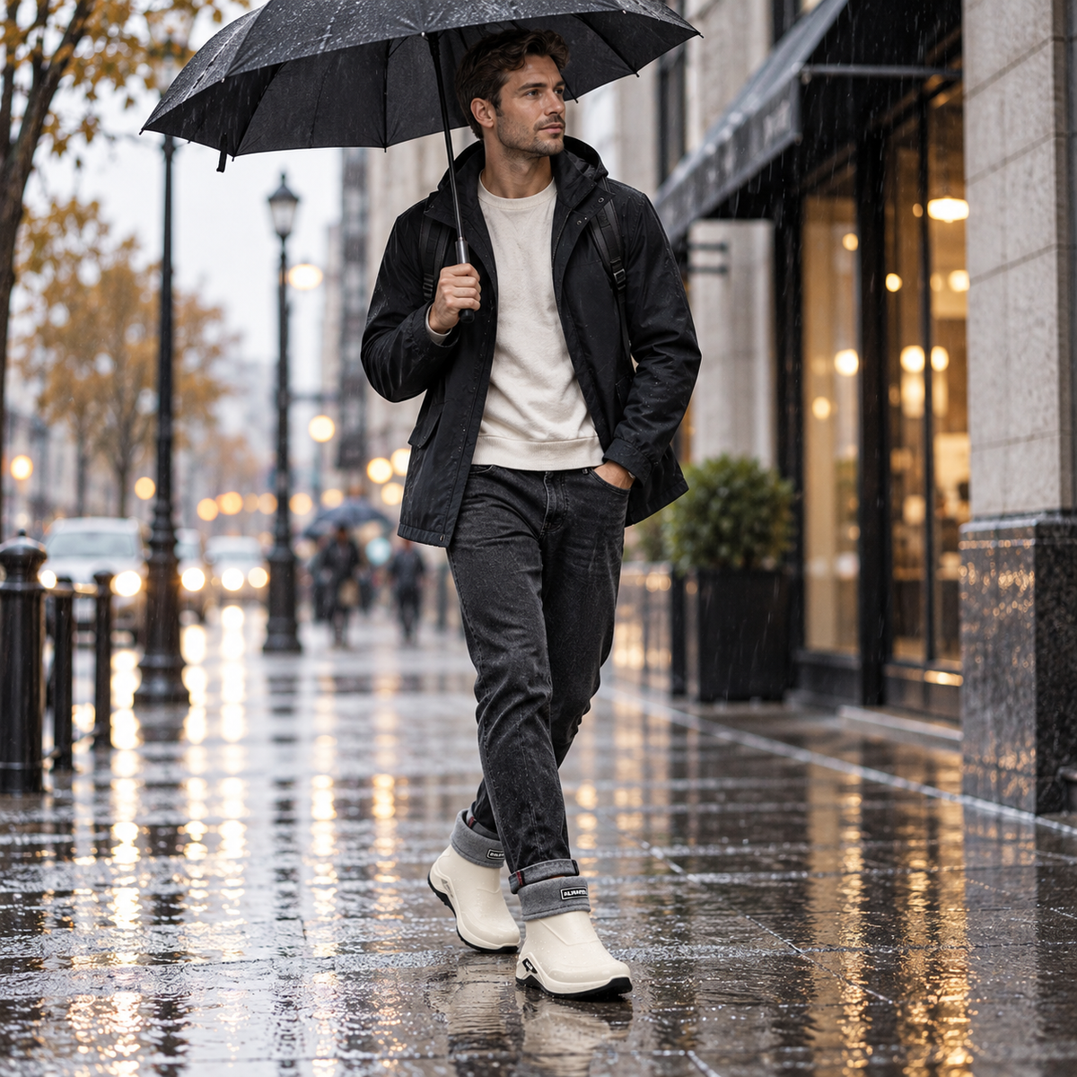 Korte regenlaarzen heren in beige gevoerd tijdens een stadswandeling in de regen