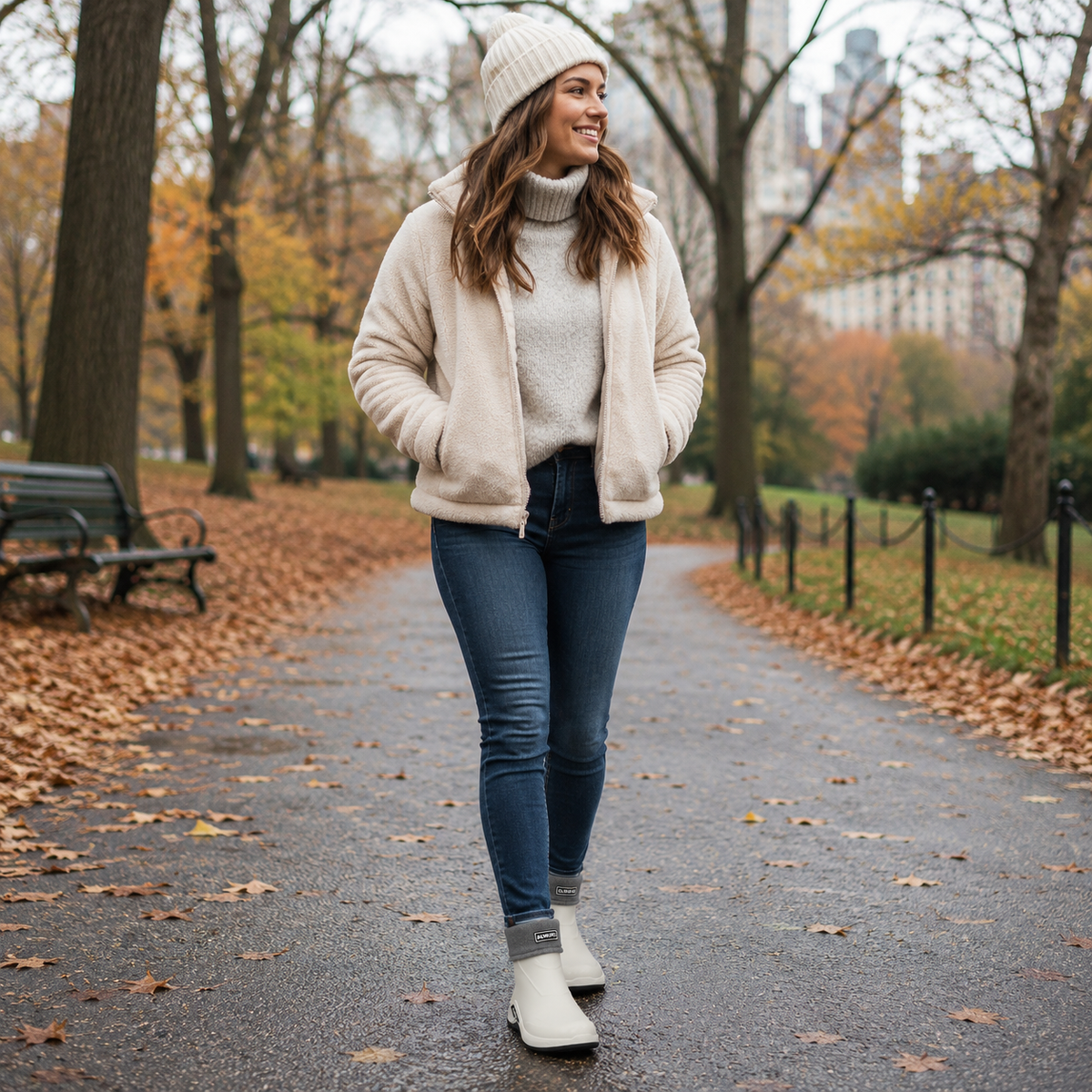 Korte regenlaarzen heren in beige gevoerd in een herfstpark