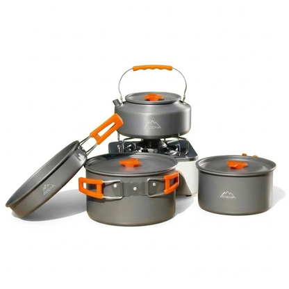 Camping Kookset – Complete 9-Delige Set – Pan, Waterketel & Koekenpan