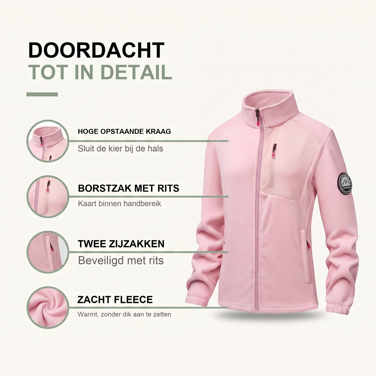 Dames fleece jas met opstaande kraag en drie ritszakken