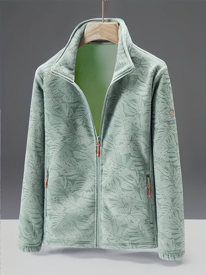 Dames fleece jas met opstaande kraag en bladprint