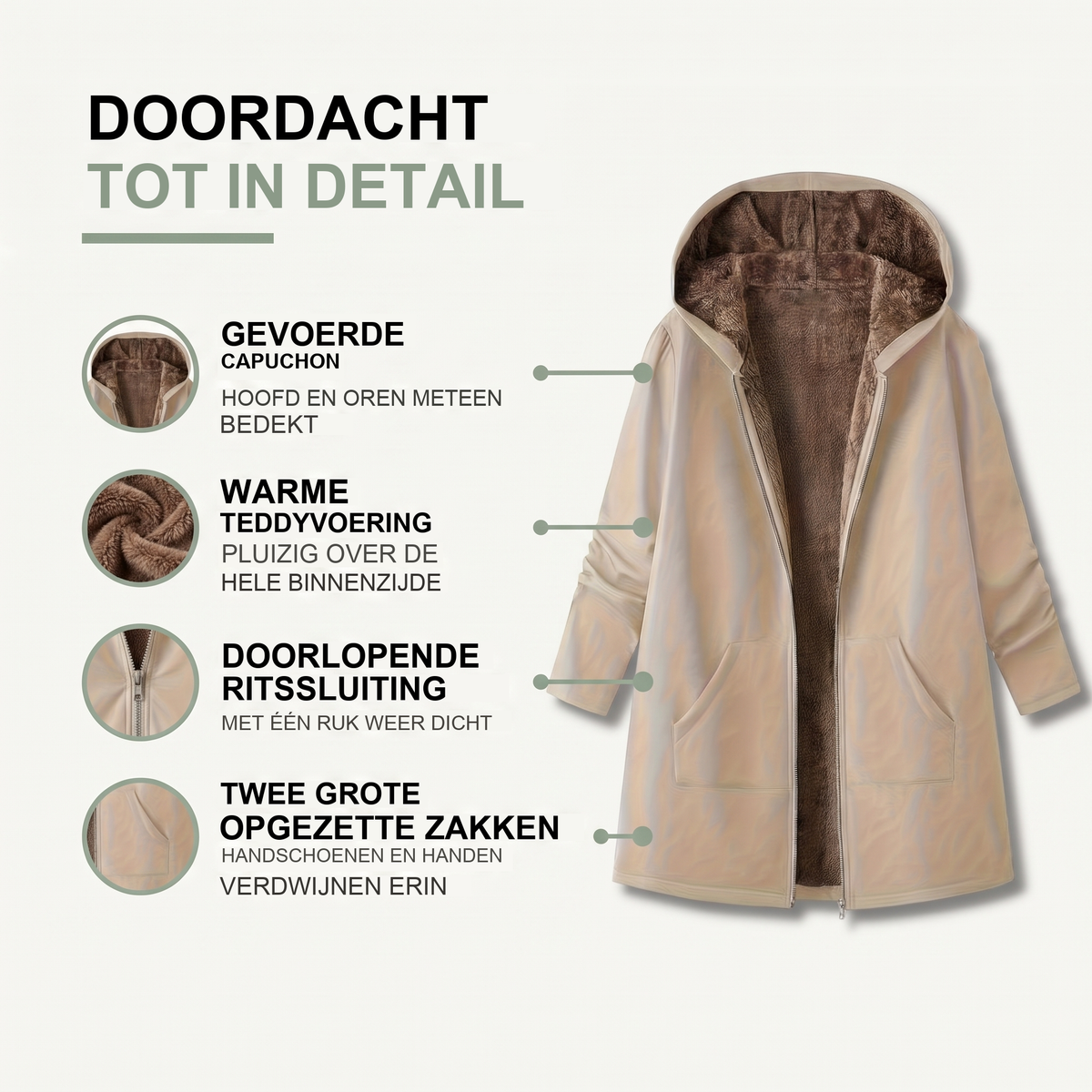 Winterjas dames met capuchon en teddyvoering