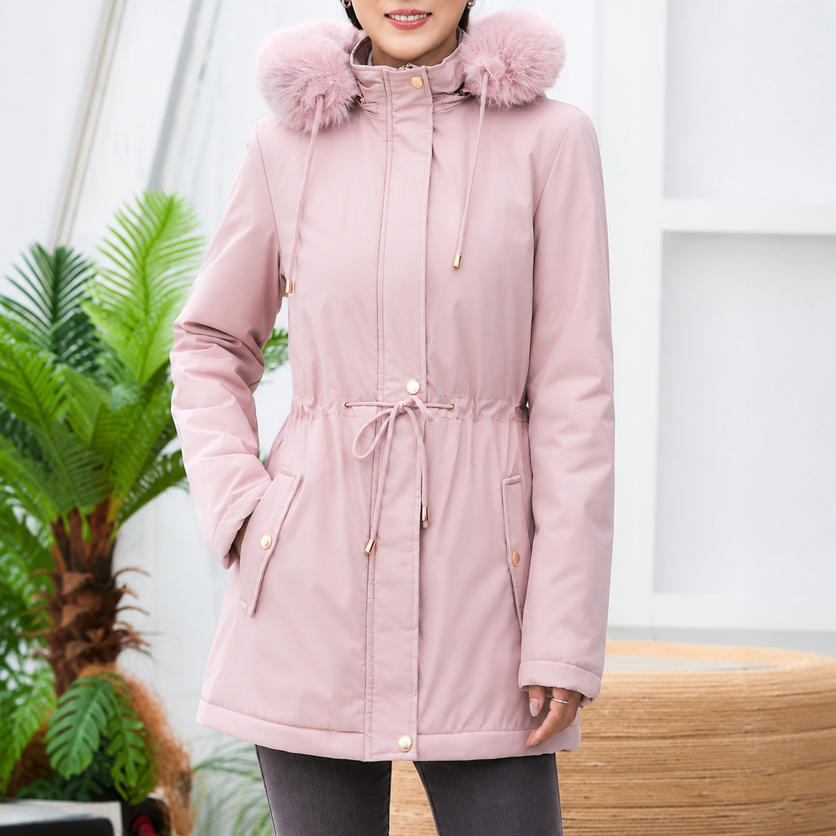 Parka dames met kunstbontcapuchon en waterdichte stof