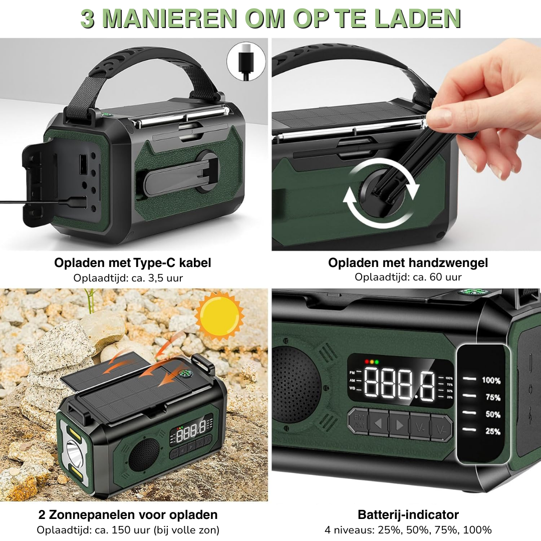 Noodradio met 12000 mAh – Zonnepaneel & Handzwengel