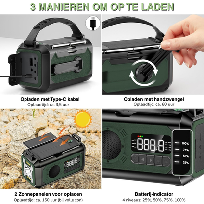 Noodradio met 12000 mAh – Zonnepaneel & Handzwengel