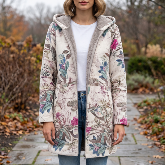 Lange winterjas dames met bloemenprint en capuchon