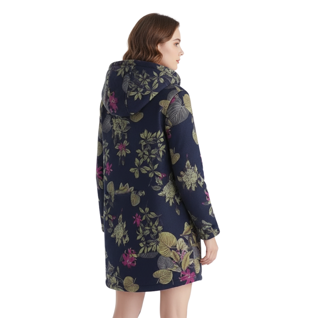 Lange winterjas dames met bloemenprint en capuchon