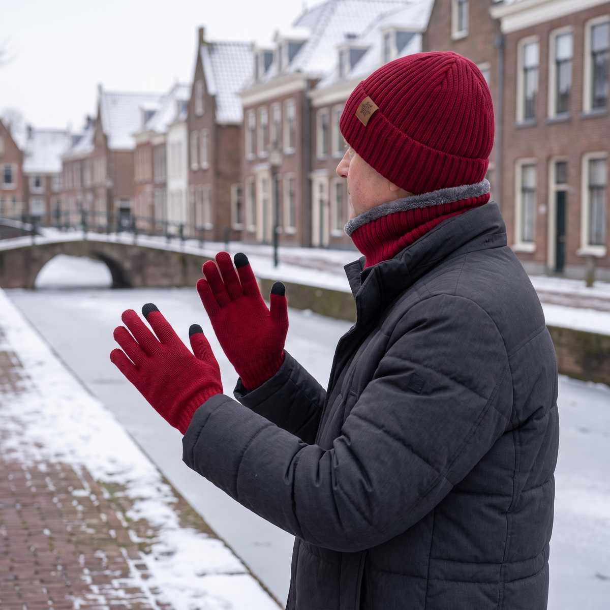 Man met donkerrode wintermuts, nekwarmer en touchscreen handschoenen langs een besneeuwde gracht