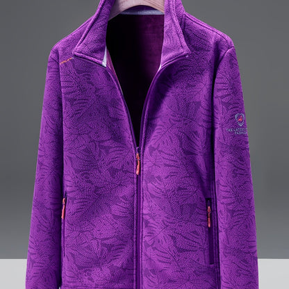 Dames fleece jas met opstaande kraag en bladprint