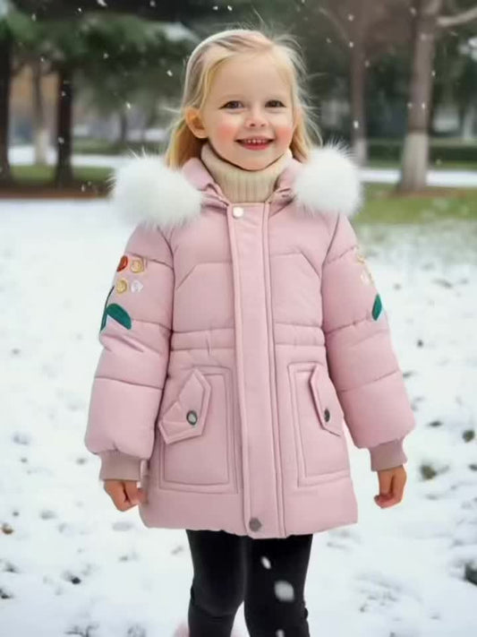 Meisjes winterjas parka met bontcapuchon in roze